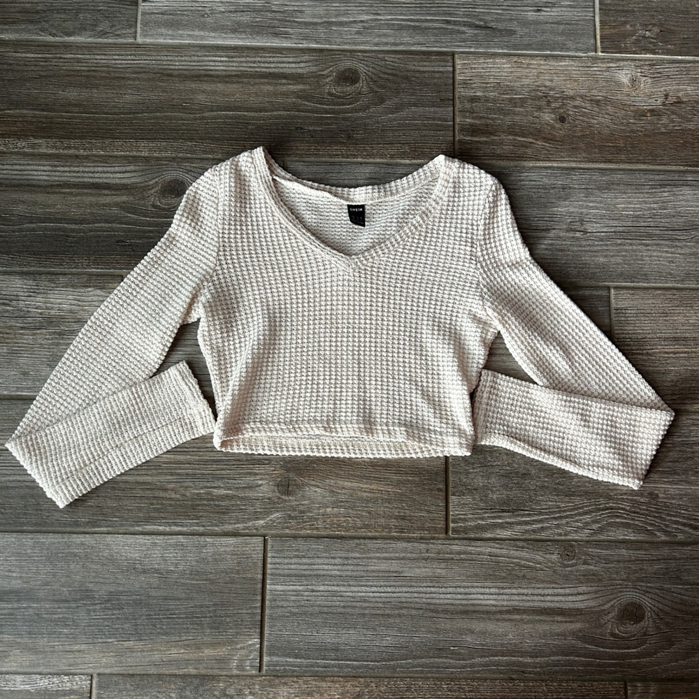 SHEIN‎ Waffle Knit Cropped V Neck Long Sleeve Top Beige Women's Size M